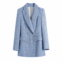 Za 2021 kobiet marynarkę tweedowy blezer kobiet kurtka Femme Plaszcz Wiosenny Damski Sobrecamisa Cuadros Plaid kratkę marynarka 5